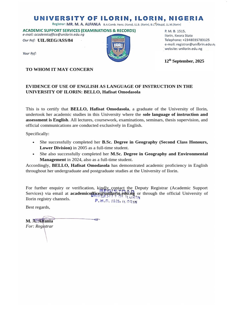 English Instruction Evidence: Hafisat Bello | PDF