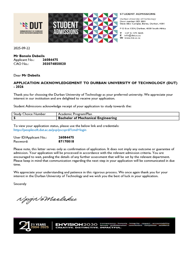 DUT Application Acknowledgement 2026 | PDF