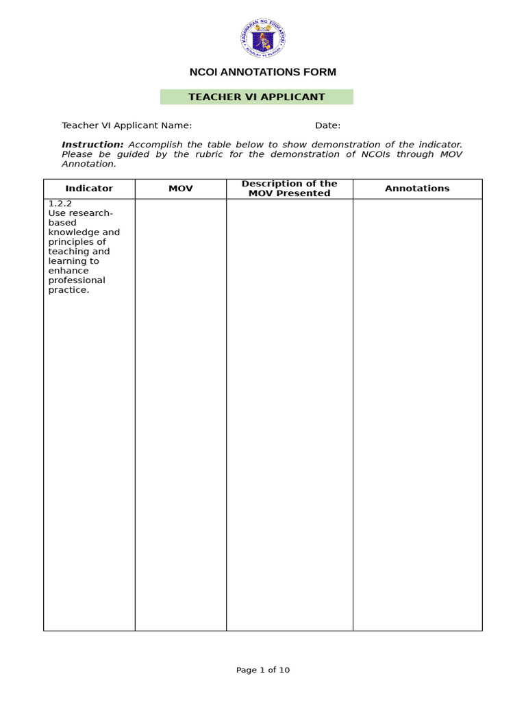 NCOI Annotation Form for Teacher VI | PDF | Learning | Cognitive Science