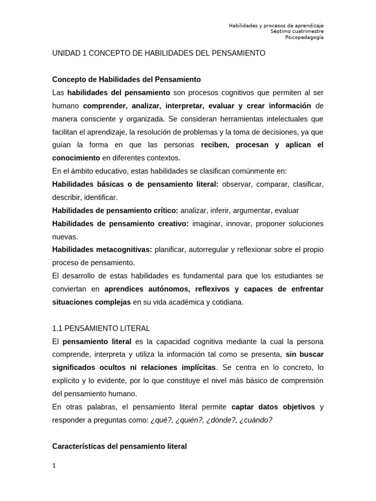 Habilidades del Pensamiento en Psicopedagogía | PDF | Aprendizaje ...