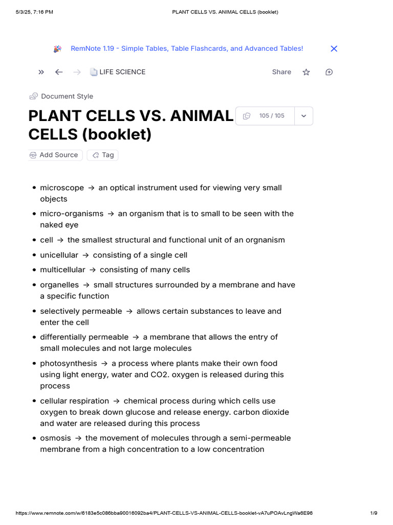 Plant Cells vs. Animal Cells (Booklet) | PDF | Osmosis | Cell Nucleus