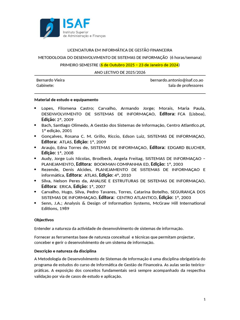 Syllabus de Mdsi 2025 - 2026 - v1 | PDF | Sistema de informação ...