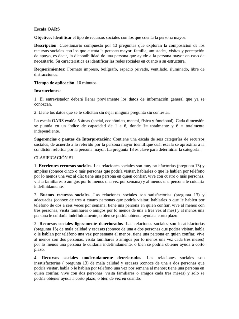 Escala OARS de Recursos Sociales | PDF