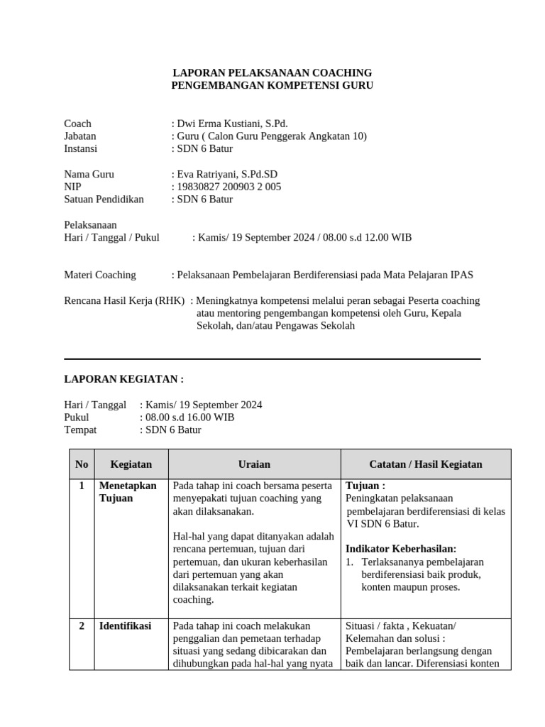 Laporan Coaching | PDF