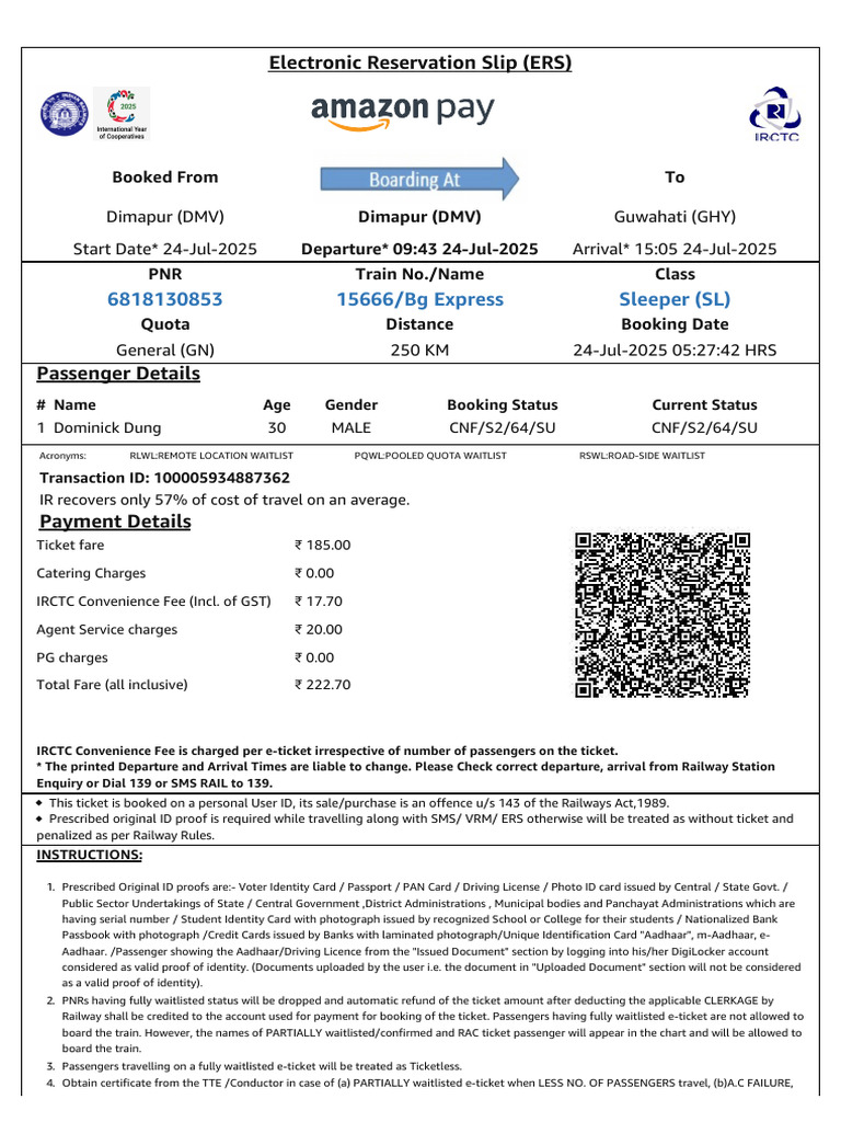 IRCTC Ticket Payment Summary | PDF | Identity Document