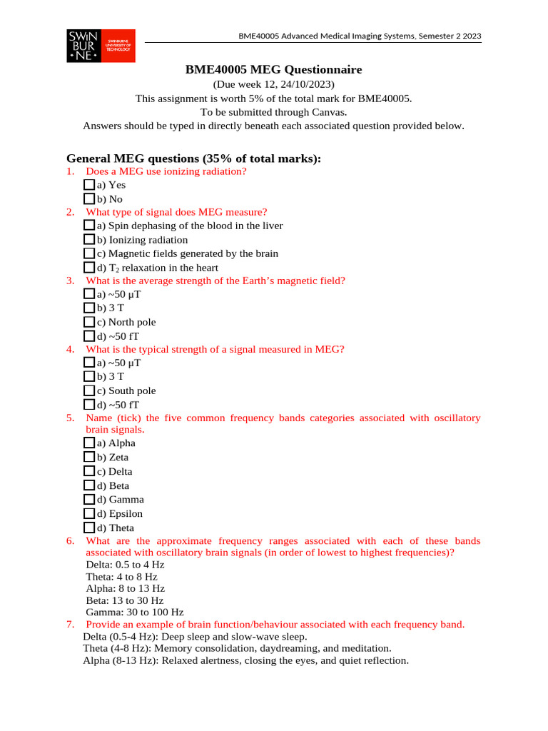 BME40005 MEG Questionnaire 2023 | PDF | Magnetoencephalography | Vagus ...