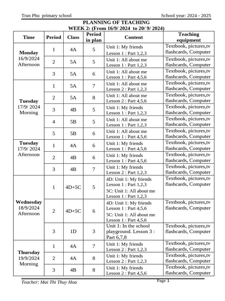 Week 2 Teaching Plan for Primary School | PDF | Question | Vocabulary