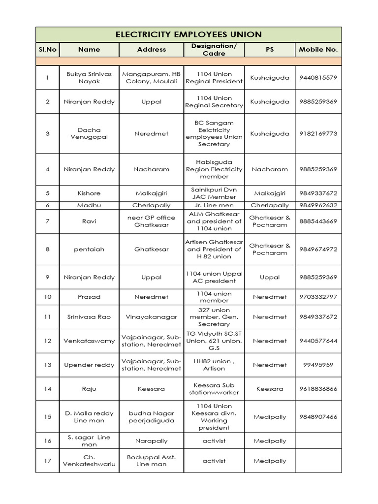 Electricity Employees Union Contact List | PDF | Film Production ...