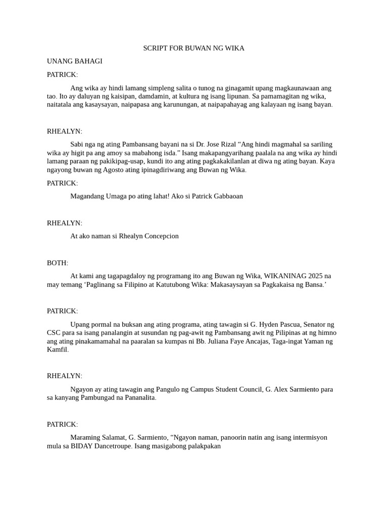 Script For Buwan NG Wika | PDF