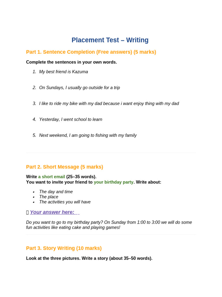 Writing Placement Test Instructions | PDF
