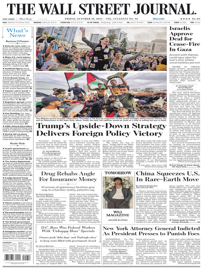 The Wall Street Journal - October 10, 2025 | PDF | Gaza Strip | Government  Budget Balance