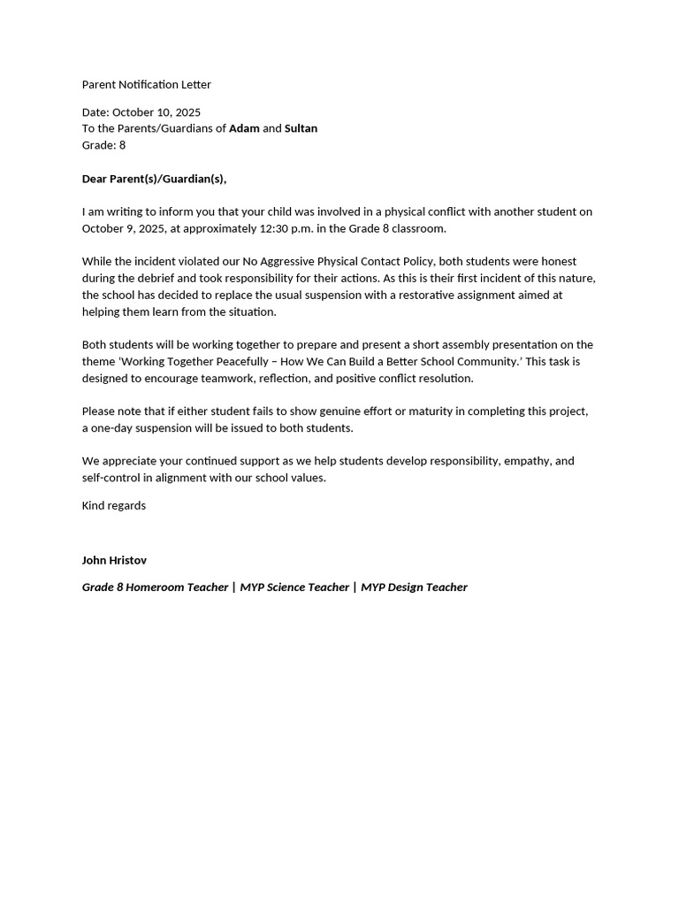 Grade 8 Parent Notification Letter | PDF