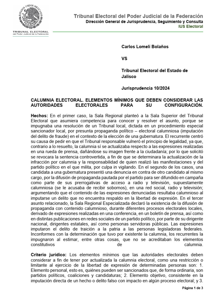 Elementos de Calumnia Electoral 2024 | PDF | Caso de ley | Difamación