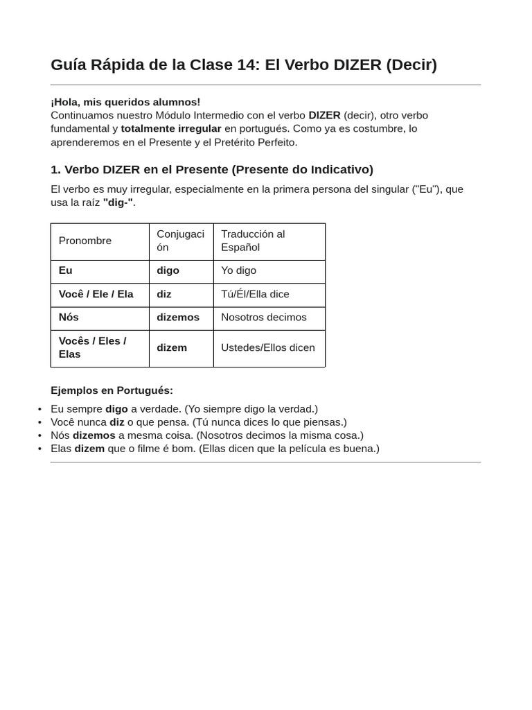 Conjugación del Verbo DIZER en Portugués | PDF