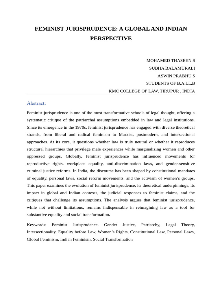 Global and Indian Feminist Jurisprudence | PDF | Gender Studies | Feminism