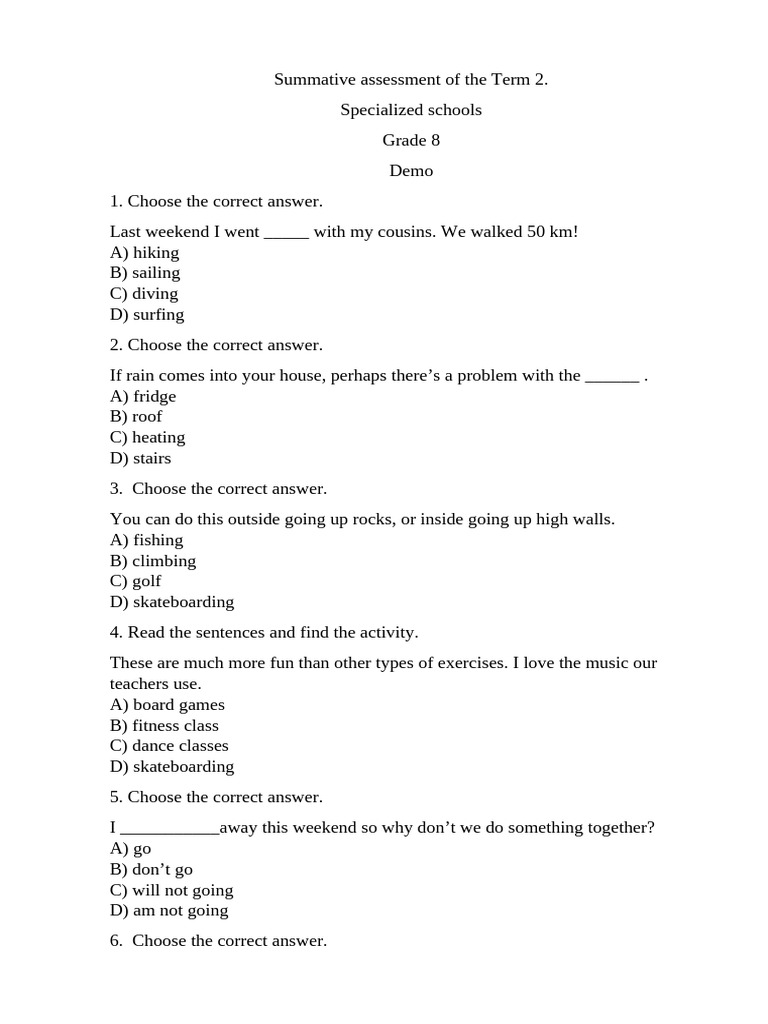 Grade 8 Term 2 Assessment Questions | PDF
