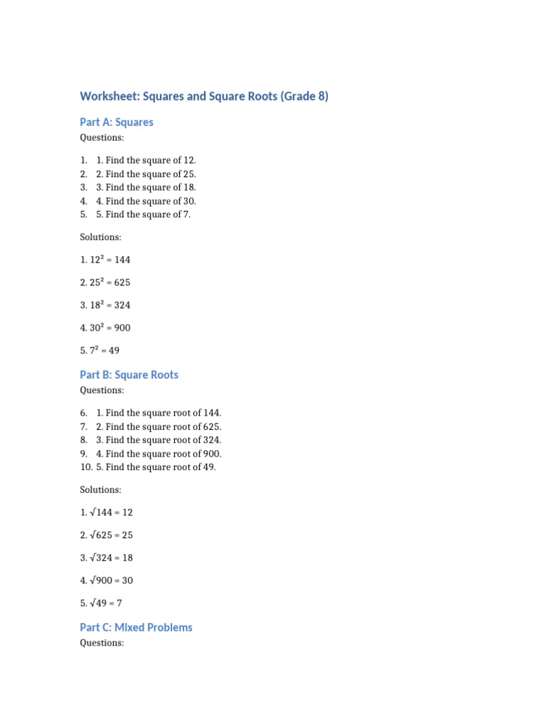 Squares and SquareRoots Worksheet | PDF