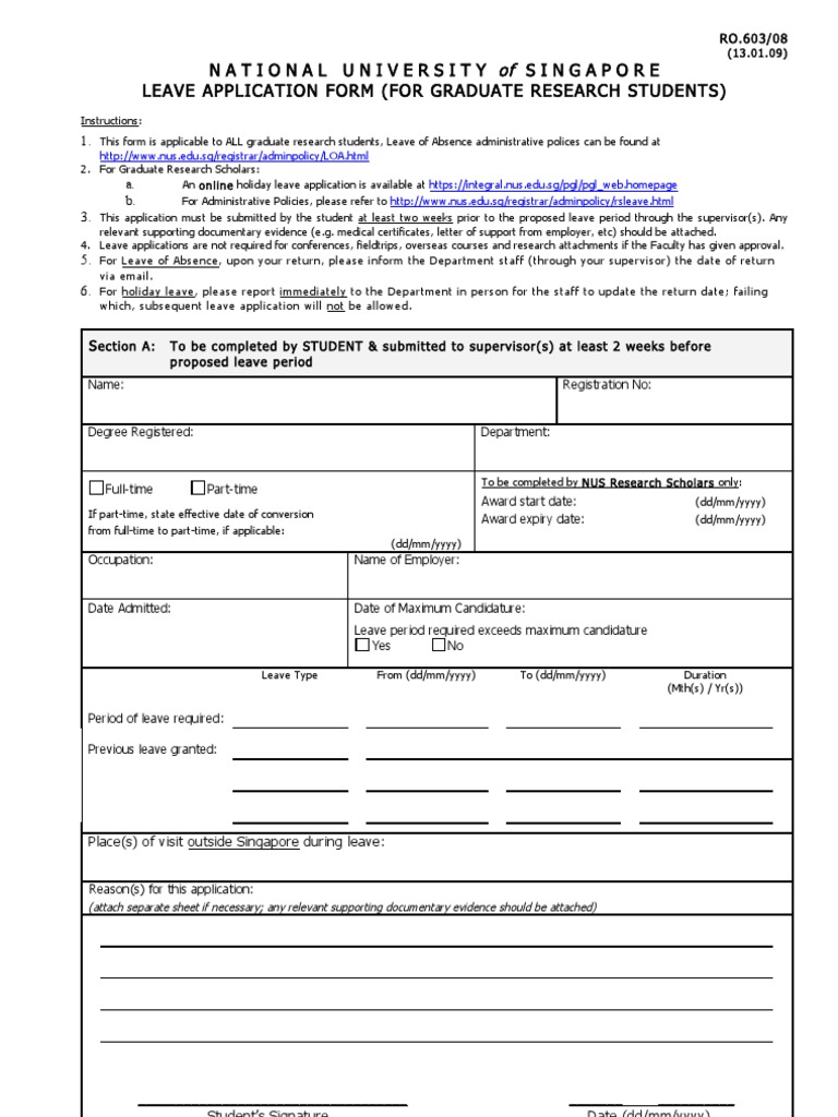 NUS Graduate Research Leave Application | PDF | Postgraduate Education ...