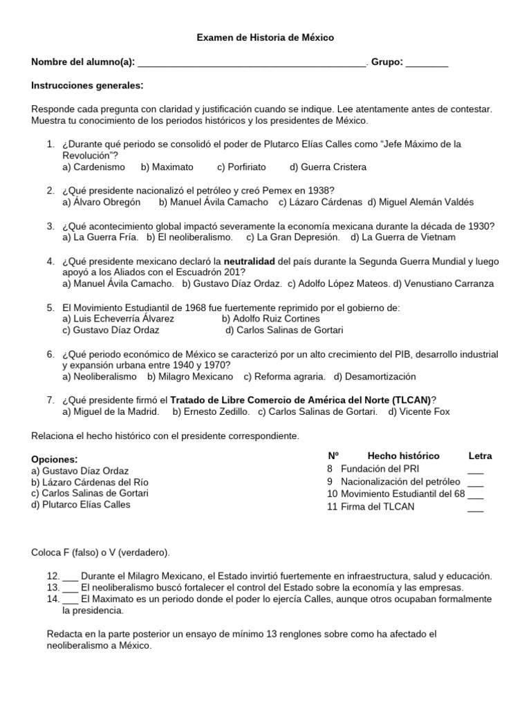 Examen de Historia de México: Preguntas Clave | PDF | México | Politica de mexico