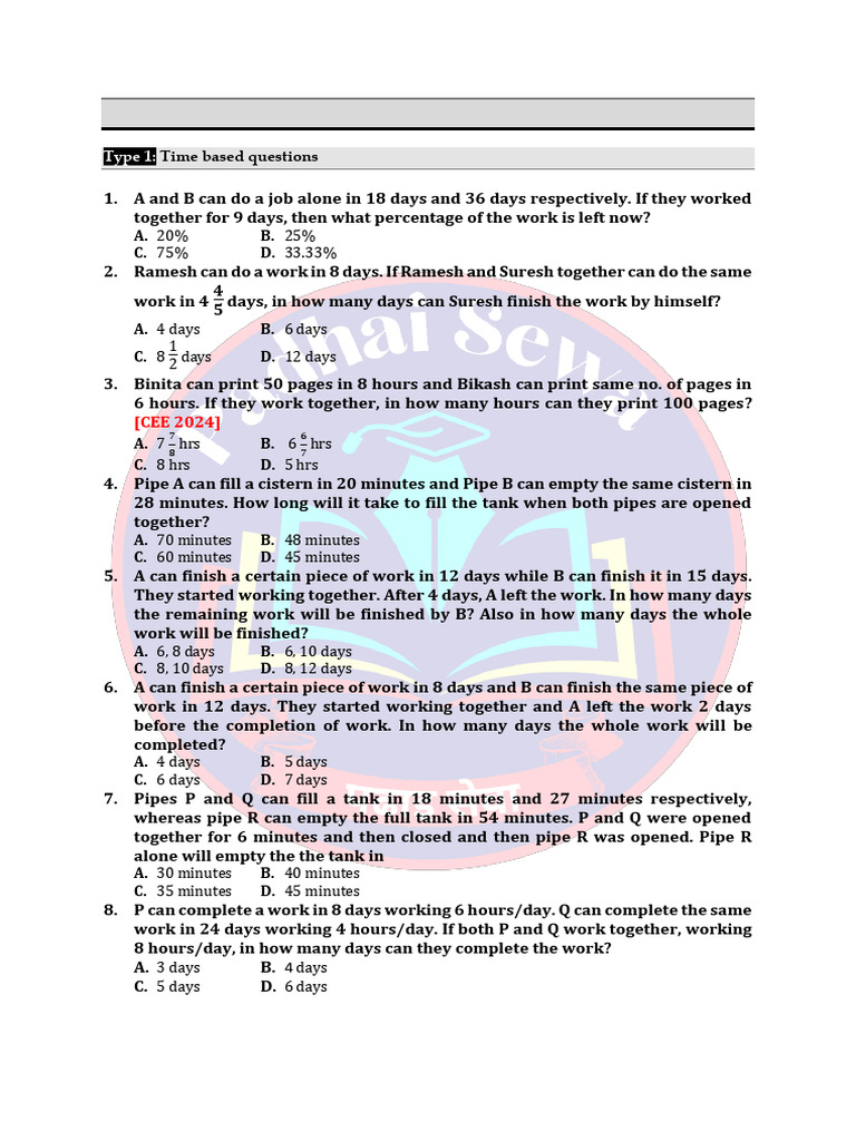 Time and Work Problem Set | PDF