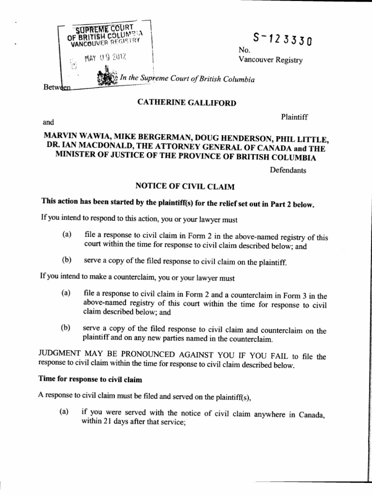 Catherine Galliford statement of claim in civil suit against RCMP