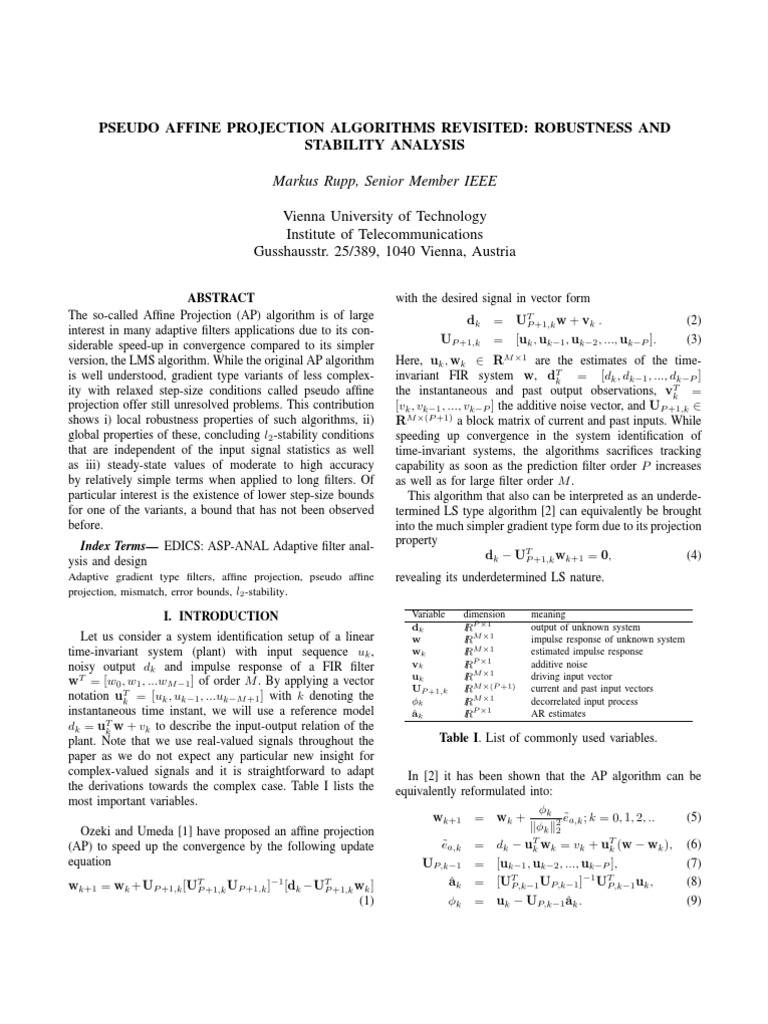 Pseudo Affine Projection Algorithms Analysis | PDF | Prediction ...