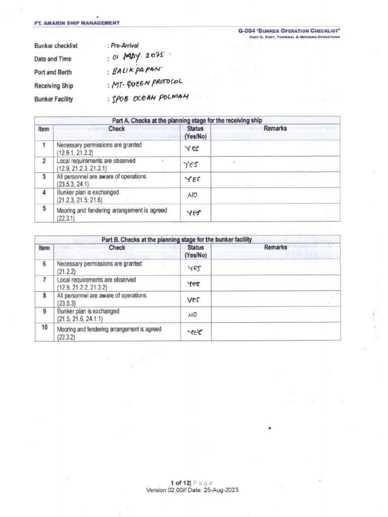 Bunker Checklist 1 May 2025 | PDF