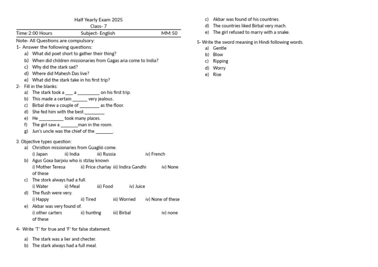 Class 7 English Half Yearly Exam 2025 | PDF