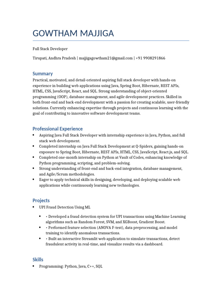Full Stack Developer Profile: GOWTHAM MAJJIGA | PDF | Web Development ...