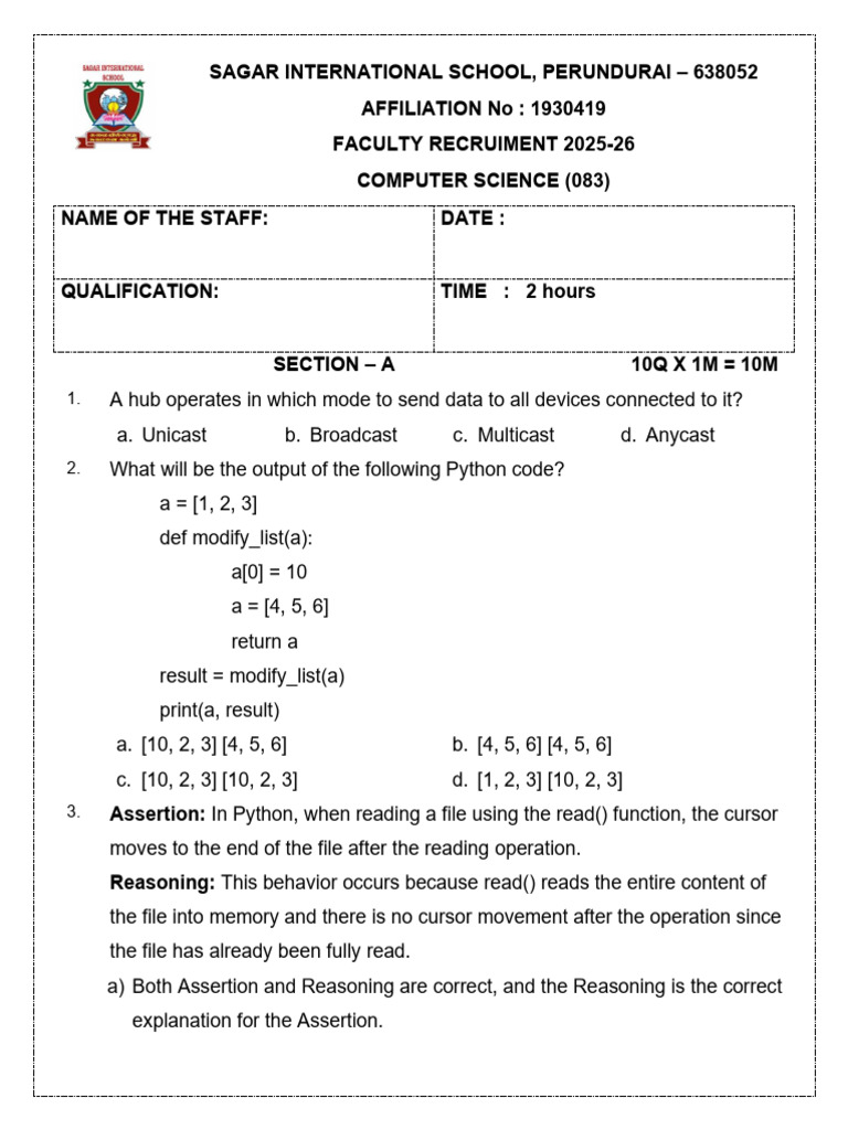 Sagar International School Computer Science Exam 2025-26 | PDF ...