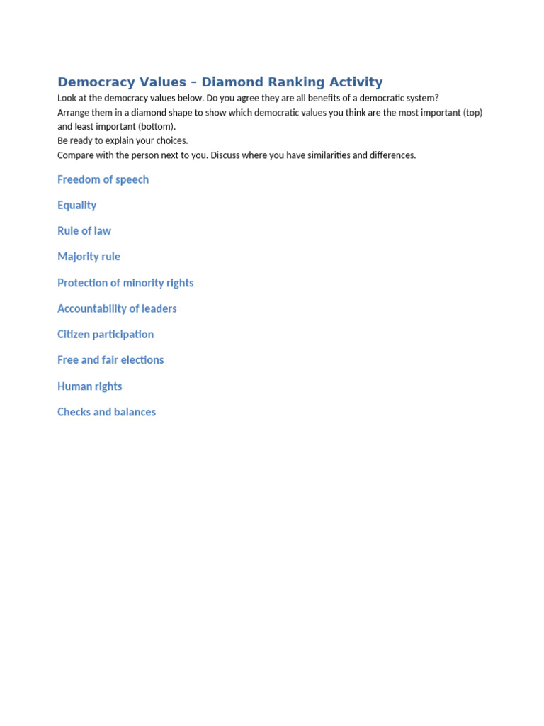 Ranking Key Democracy Values Activity | PDF