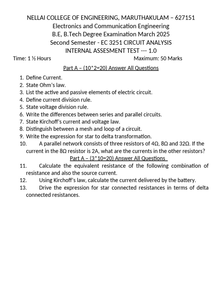 Circuit Analysis Test Questions 2025 | PDF | Electrical Network | Resistor