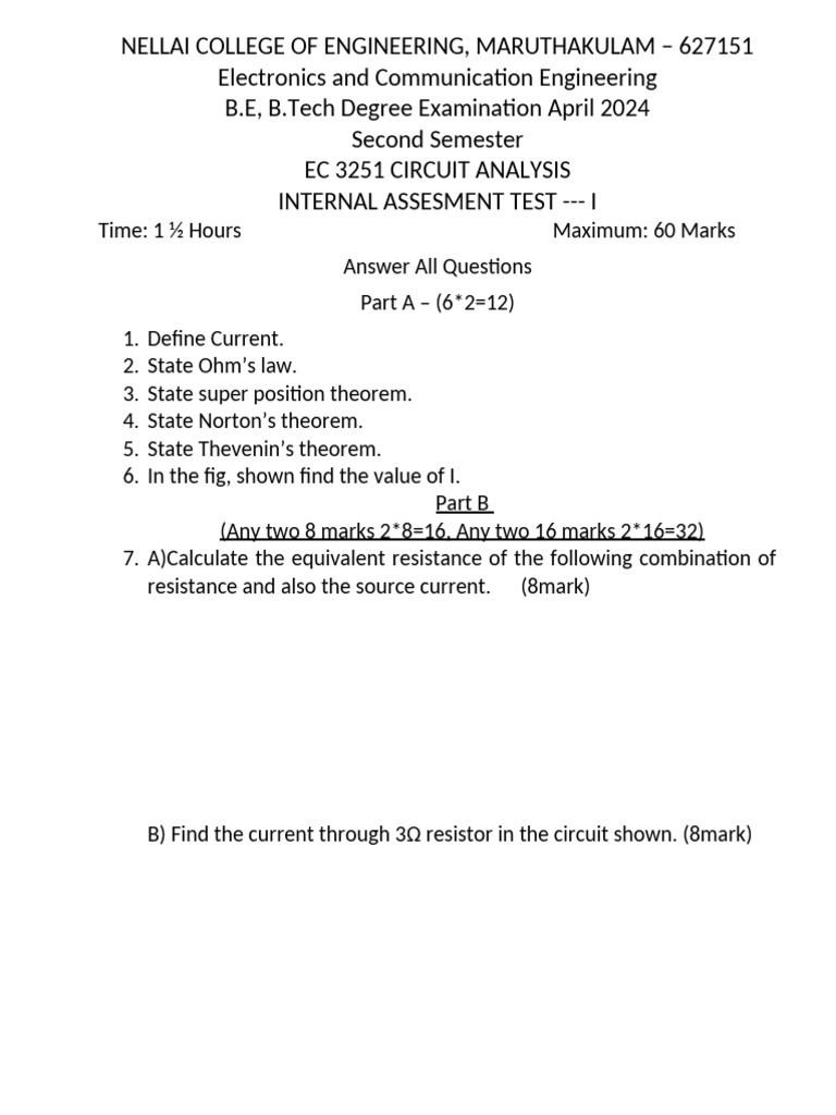 EC 3251 Circuit Analysis IAT-I | PDF