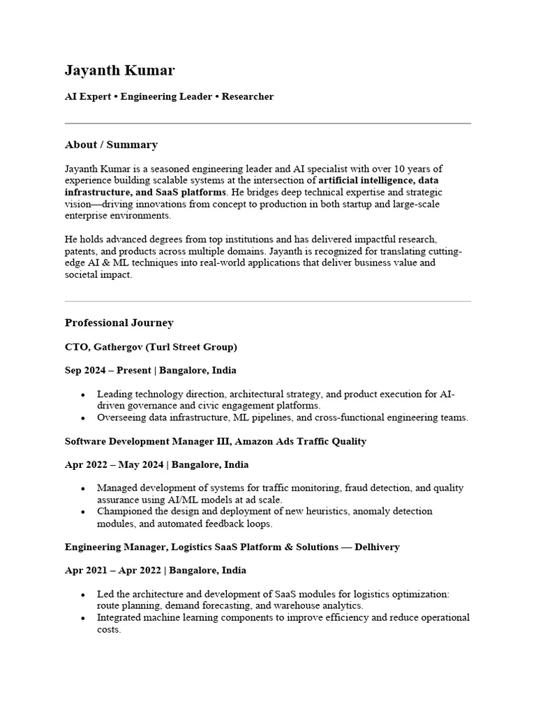 Jayanth Kumar: AI Leader & Innovator | PDF | Machine Learning ...