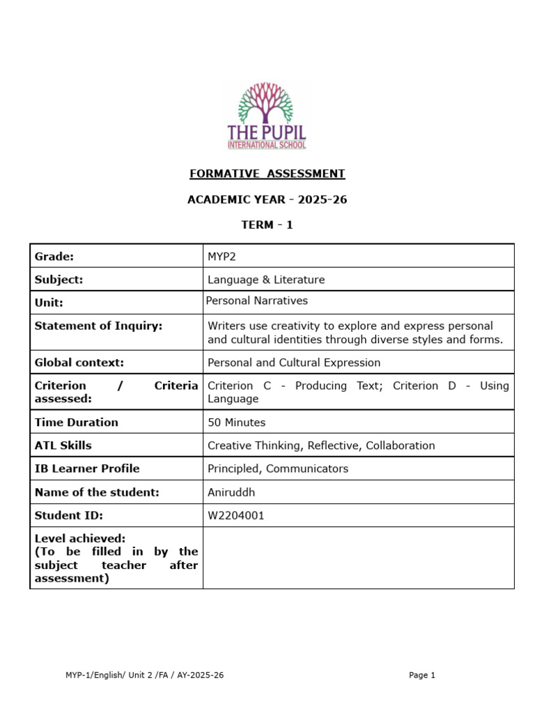 MYP2 Language & Literature Assessment | PDF | Anne Frank | Communication