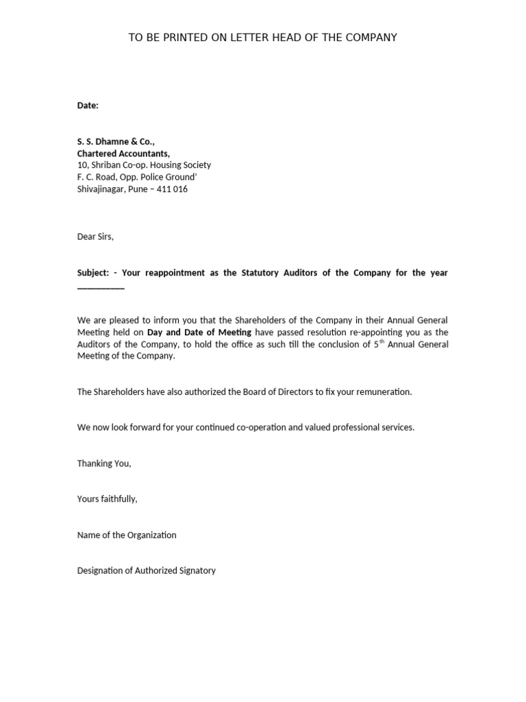 Auditor Reappointment Notification Letter | PDF