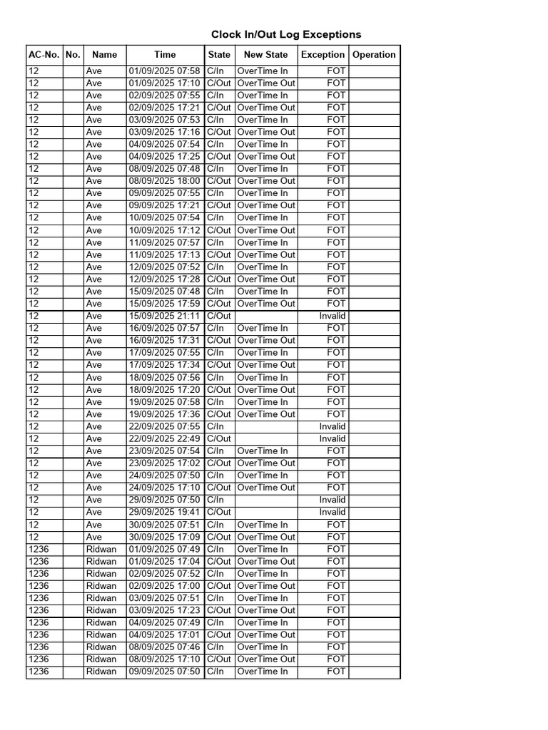 Clock In/Out Log Exception Records | PDF