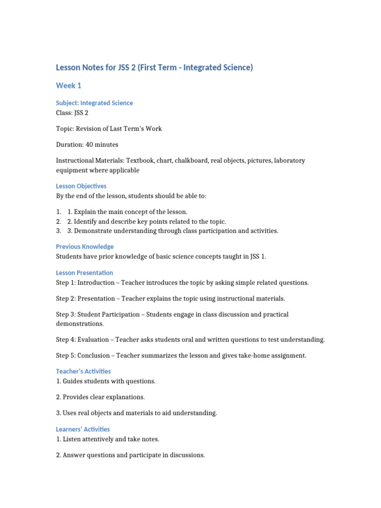 JSS2 First Term Lesson Notes | PDF | Science | Knowledge