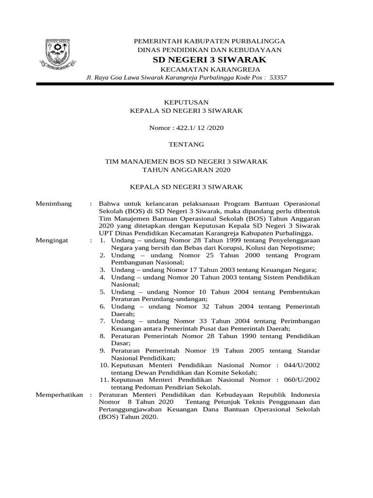 Tim Manajemen BOS SDN 3 Siwarak 2020 | PDF