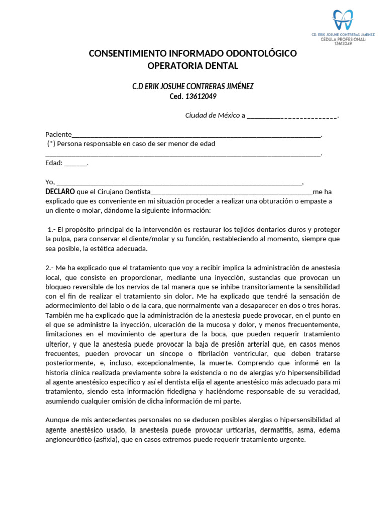 Consentimiento Operatoria Dental CD ERIK JOSUHE CONTRERAS JIMENEZ | PDF ...