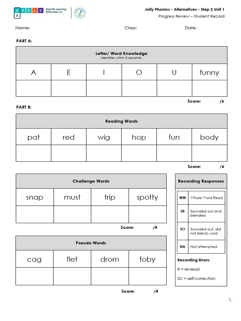 JP Step 2 Unit 1 Progress Review Student Record Form | PDF | Phonics ...
