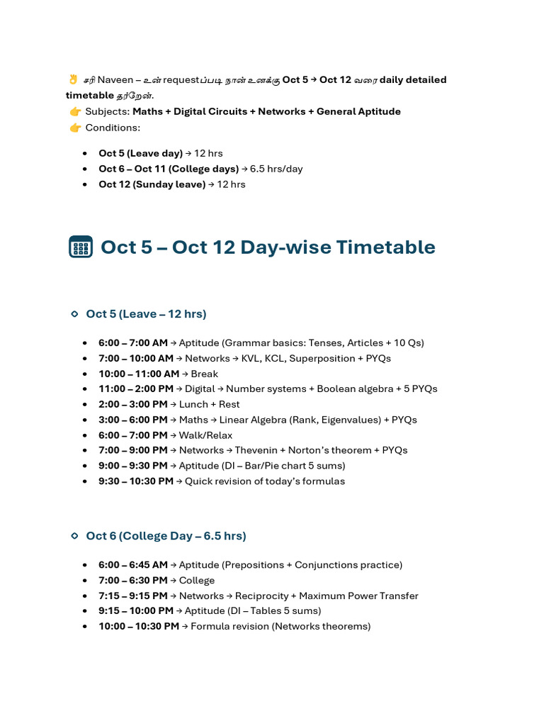 Daily Study Timetable: Oct 5-19 | PDF | Mathematics | Electronic ...