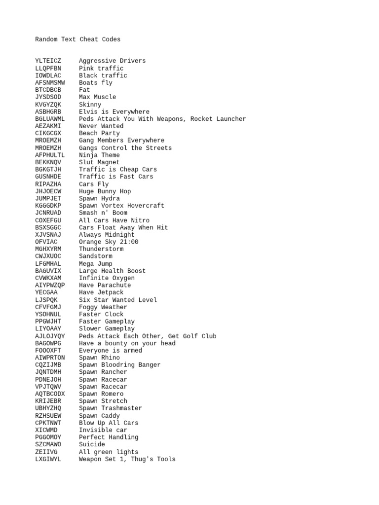 GTA San Andreas Cheat Codes Guide | PDF