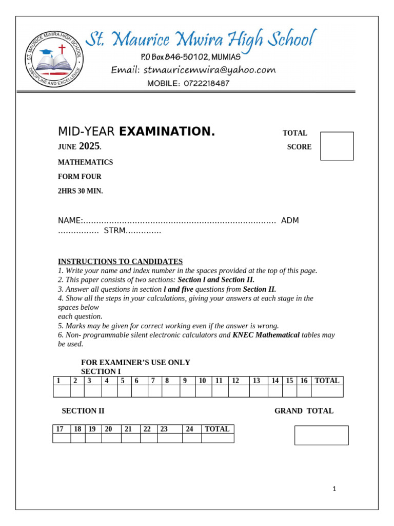 Mathematics f4 Mid-Year Examination 2025. - 095420 | PDF | Velocity ...