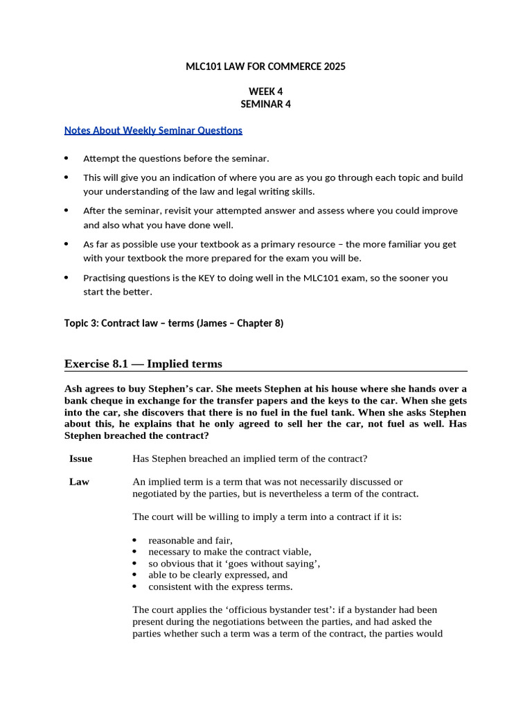 MLC101 Contract Law Seminar Notes | PDF | Contractual Term | Justice