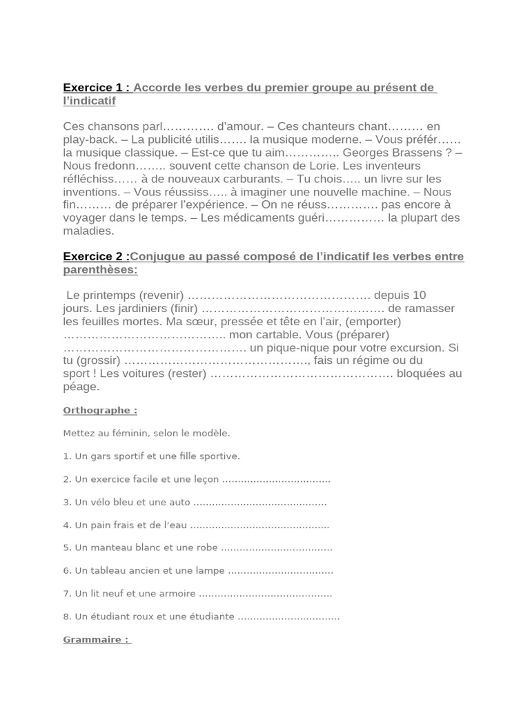 Exercices de conjugaison et grammaire | PDF
