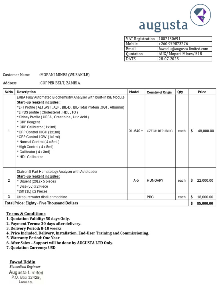 Medical Equipment Quotation for Mopani Mines | PDF
