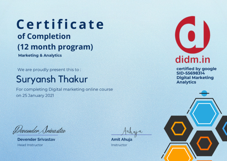 Certificate of Completion For Online Digital Marketing Course | PDF