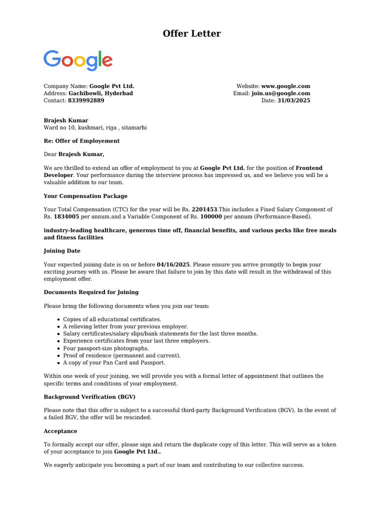 Google Employment Offer Letter | PDF