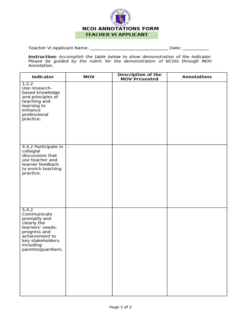 NCOI Annotation Form for Teacher VI | PDF